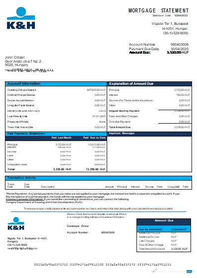 Download Hungary K&H Bank bank mortgage statement scr Photoshop template